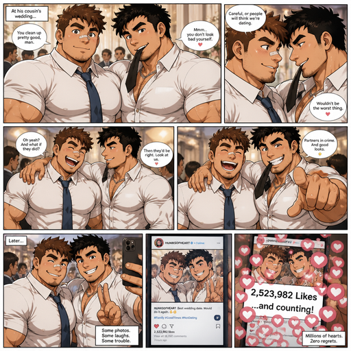 A REALISTIC AND LIFELIKE Comic Book long Story of a Bulky but Muscular ANIME Cute Bara Man With Peach toned skin Who looks Normal and a huge and Masculine round facial Structure and Basic facial structure With Puffy and Big Pecs that are visible through the shirt and Biceps and Bandaid on his nose and Brown Spiky hair and His Hair Curls At the tip of strands. Wearing a tucked in white button up shirt and his abs are lean so you CAN‘T see them through the shirt AND Jeans with a Tie and has a Hairy body. And has huge Hands and Massive arms and looks HOT with his friend (that looks like him but Black instead of brown hair and Has A Chain on and is also Peachy skin). at a someone‘s wedding, his Friend has his own tie in his Mouth with a raised eyebrow and Looks irresistible and Flirty and they flirt as he cuddles him around the waist as friends They Laugh and they goof off and take a picture and posting it and Get millions hearts