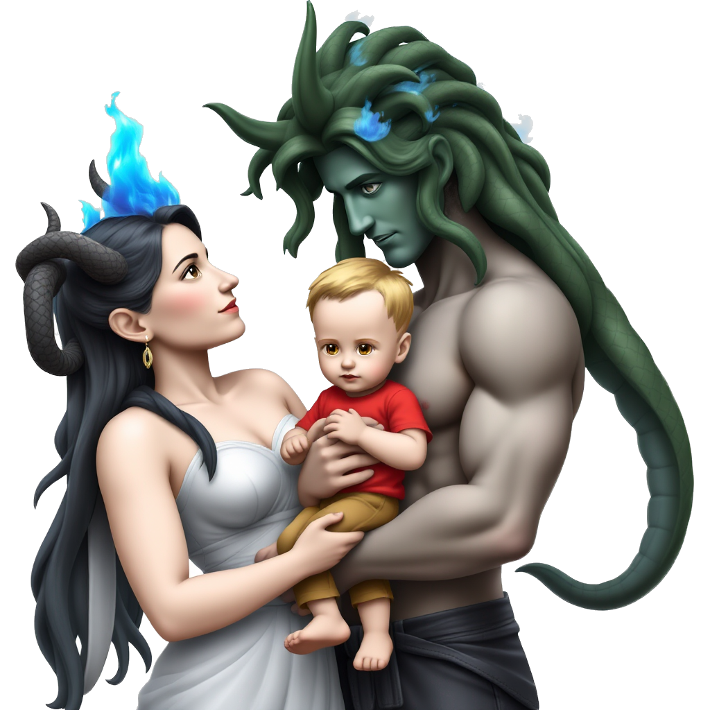 Female Medusa green snakes for hair & male hades blue flames for hair as a couple holding there 2 year old son