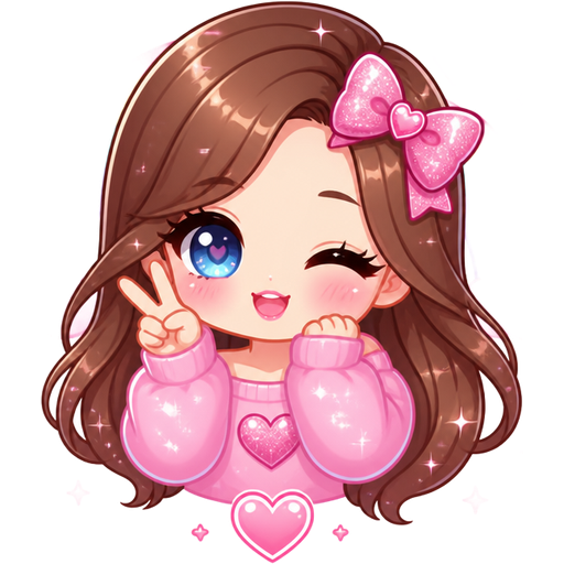 Do a little girl with brown hair that is long and blue eyes and pink lips turn her Kawaii with a lot of pink and glitter and rainbow