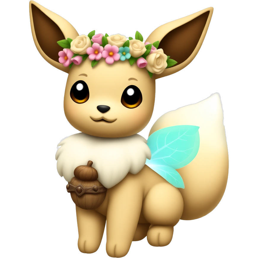 Eevee dressed as a mystical forest guardian, adorned with delicate floral wreaths, shimmering leaf-patterned wings, and a glowing bioluminescent tail. Its fur glistens with dew droplets, and it wears a tiny satchel filled with enchanted acorns, ready to protect the wonders of the woodland realm.