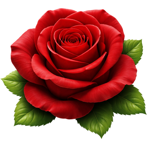 Ultra-realistic, highly detailed singular rose, fully bloomed, with rich, velvety red petals and subtle natural gradients. Green leaves emerge naturally from underneath the bloom, delicate veins visible. No stem or stand, just the rose and leaves floating against a clean or dark studio-lit background. Lighting emphasizes the texture, depth, and curves of each petal and leaf, creating a lifelike, luxurious, and elegant look.