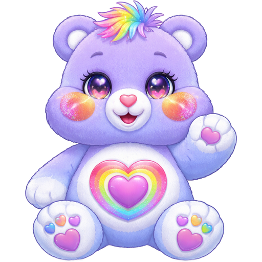 ILY Care Bear with Purple/Light Blue Fur with a Light Pink Heart Nose with White Sparkly Orange and Purple Ombré Heart Cheeks with Sparkling Hearts on the Pupils on the eyes with a pink heart surrounded by a Rainbow Heart on the stomach with White Paws and Feet with Multicolor Tufts of hair