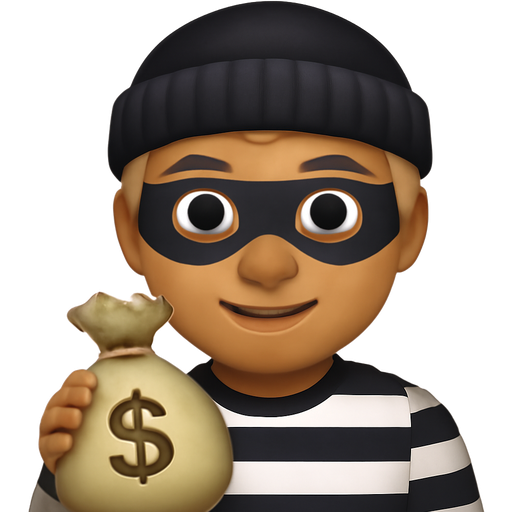 Man with tan skin blonde hair black beanie black eye mask black and white striped shirt and money bag in hand and around shoulder