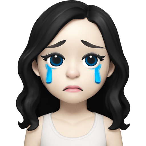 3D emoji-style female, long black wavy hair, pale glowing skin, teary eyes with large blue cartoon tears, subtle winter-cool makeup with soft eyeliner and low-saturation pink lips, natural shading, sad expression, wearing a white tank top, minimalist background, Apple Memoji style