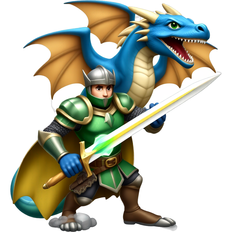 "Nick Sturniolo, the gallant knight of the enchanted realm, clad in shimmering emerald armor, wields a crystal-encrusted sword. His trusty dragon companion, a vibrant blue with golden scales, soars above as they embark on a quest through mystical forests, protecting the kingdom from shadowy foes."