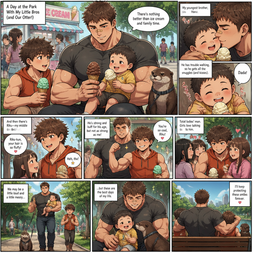 A DETAILED AND LIFELIKE LONG Anime Comic Book story view of a Bulky but Muscular ANIME Cute Bara Man With Peach toned skin Who looks Normal aind round facial Structure and Basic facial structure With Puffy and Big Pecs that are visible through the shirt and Biceps and Bandaid on his nose and Brown short hair that makes them look tough. Wearing normal With his pet Grown and healthy realistic otter and 2 little brothers that are in different ages but young. he loves the baby loves him too, but the baby has a problem walking, and get snuggled and kissed a lot the baby’s are so cute and the other is strong and buff and bulky for his age and a Laddies man and talks to girls and they love his fluffy hair but isn‘t as strong as his brother. And get ice cream at the park