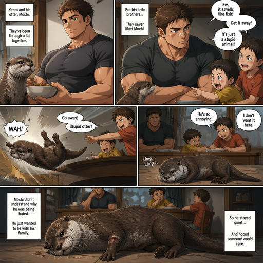 A DETAILED AND LIFELIKE ANIME Comic Book story view of a Bulky but Muscular ANIME Cute Bara Man With Peach toned skin Who looks Normal aind round facial Structure and Basic facial structure With Puffy and Big Pecs that are visible through the shirt and Biceps and Bandaid on his nose and Brown short hair that makes them look tough. Wearing normal With his pet Grown and healthy realistic otter who is Mistreated and 2 little brothers that are in different ages but young. Then the otter flys to the edge of the table. And limps back but is not wanted and lays on its side