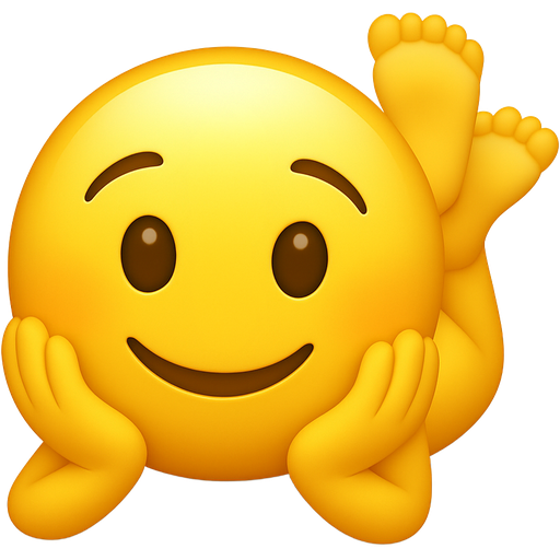 Emoji face lying down with hands holding up their face and small detailed feet up in the air behind them