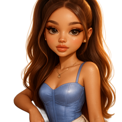 luxury glossy bratz-anime romantic aesthetic, warm cinematic glow, crisp clean detail, glossy glam skin. petite girl, warm soft-autumn tone, fair skin, honey-brown almond eyes, soft freckles, warm toasty glam makeup, glossy nude lips, flutter lashes, sweet Belle-princess vibe, long brunette honey balayage hair with visible light honey blonde highlights, Periwinkle satin corset with white jeans, half-up pigtails, pearl gloss, gold necklace, leaning on car hood, pop-princess energy, shimmer highlight, sparkly glow