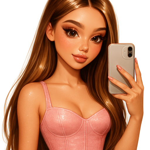 selfie on iPhone, luxury glossy bratz-anime romantic aesthetic, warm cinematic glow, crisp clean detail, glossy glam skin. petite girl, warm soft-autumn tone, fair skin, honey-brown almond eyes, soft freckles, warm toasty glam makeup, glossy nude lips, flutter lashes, sweet Belle-princess vibe, very long brunette honey balayage hair with visible light honey blonde highlights, straight & sleek, deep side part, high shine, sleeveless light pink velvet corset, deep blue jeans, pop-princess energy, shimmer highlight, sparkly glow