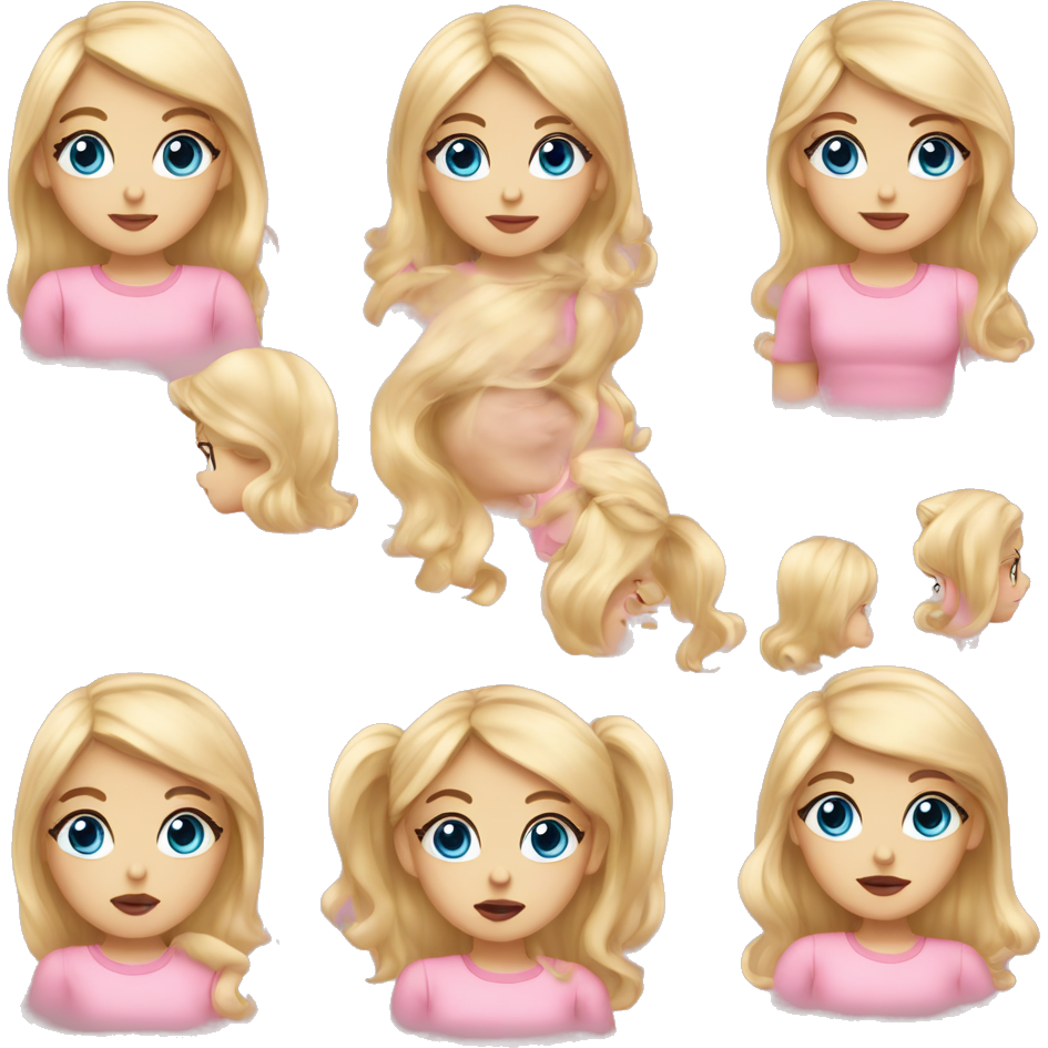 Blonde girl with front bangs, long hair, centered hair line, slightly wavy hair, blue big eyes, big pink lips, pink blush, not smiling, baby pink clothes