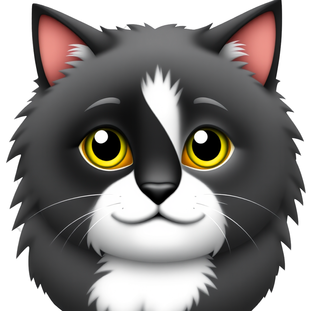 Generate an illustration of a fluffy black-and-white cat with a rounded face and large yellow-green eyes, looking calm and curious. The cat should have a unique black patch that starts at the nose, extends diagonally to the left cheek, and should resemble a ‘mole’ mark. The face should feature a mask-like pattern, with black covering the upper face and white fur on the chin and lower cheeks. Make the fur texture soft and fluffy, and the ears triangular and mostly black, with subtle white at the edges.