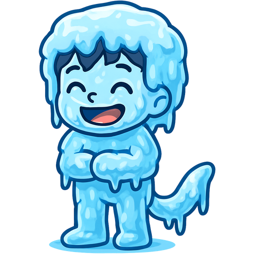frozen frozen black haired boy happy covered with frozen frozen frozen head frozen in a huge thick coat of ice body frozen in a huge thin coat of ice arms frozen in a huge thick coat of ice legs frozen in a huge thick coat of ice tail frozen in a huge thick coat of ice face frozen in a thick coat of ice