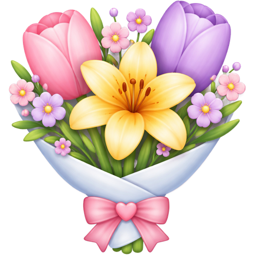 Create a bouquet with 2 tulips one in color pink baby and the other in color Lilac, in the center put a Lili in color yellow and add little flowers in color cake pink and lilac