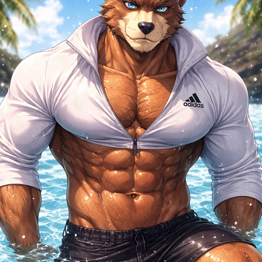 A Anime Full Body and Face of a Muscular and. VERY Masculine and handsome Bara Furry Bear with a Very detailed Good looking Face and Blue eyes with a wrestler type body. At a Photo Shoot Posing in a the water no chain with a short at the waist white adidas Quarter Zip.