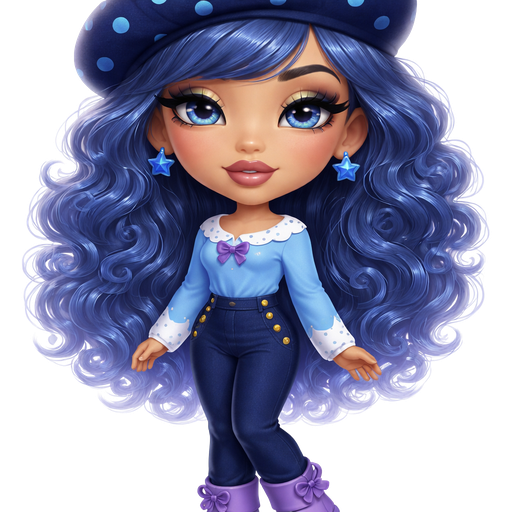 Blueberry Muffin from Strawberry Shortcake with a Neutral Olive Beige Skin Tone adding to it a Heavy Upper Lip furthering the Deepset Eyelashes with a Velvety Matte Mauve Moment Lipstick Style Finish with a HD Glitter Eyeshadow Makeup Look with a Modern Tail-Arched Eyebrow and also Wide Set eyes, Going into a Rectangular Face Shape and a Petite Toned Shape and Deep set Earlobes Wearing a Dark Blue Beret with Light Blue Polka Dots all around it and a Light Blue Blueberry Clip at the Very top with Fizzy Curly Blue Hair with a Blue Long Sleeve Shirt with the Top of the Neckline being White with Blue Polka Dots and the bottom of the Sleeve are White with Blue Polka Dots and also the shirt has a thin Purple Bow in the Middle Wearing Dark Blue Pants and 4 Buttons on the Side and Purple Lilac Boots with Vivid and Distinct Features and Visual Texture in an intense polished shine