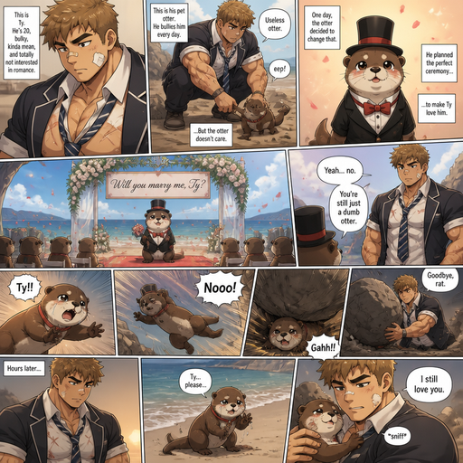 A Lifelike and Detailed Comic book story about of a Bulky and Beefy and every Muscle is bigger than average and less shredded or muscular with Chunky and Bulky chest and Biceps and his defined abs ANIME Cute Bara Man American 20 year old with a ROUND and BASIC facial structure and Young Adult BARA CUTE that is Peach Toned skin not anything else MALE not to detailed With bigger than average Pecs that are visible through the shirt and Biceps but slim and Athletic Lower body that makes have a V-Tapper Lower Body and a big Bandaid on his nose and Left Cheek and Right Eye brow with Scars all over his Chest and arms. Wearing a no piercings Wearing a baggy School Uniform and tie with Blazar and Pants and yellowish Brown Hair and Bright Light Brown fluffy Hair and Strait with brown eyes and black eyebrows with a Three finger Slash on his Eyebrow. With no Facial Hair.His Pet Otter that he excessively bullies that has a Collar and has a Huge Crush on him but he doesn’t like the otter back. And the otter one day dressed up really nice and with a top hat on creates a huge ceremony at the beach to marry him and he says no and the otter is throw at rock and a bolder falls and he pushes the rock down more and he looses. And then Ty otter calls for him and he goes to the otter and says I still love you