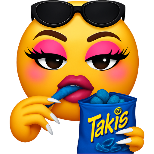 Emoji with long eyelashes, baddie, long french tip nails, eating blue Takis with a bag of blue takis with black bazzled sunglasses on top of the emoji’s head, with blush and a lot of pink makeup and no hair