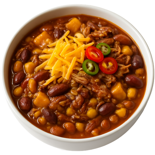 A bowl of Three Sisters chili with beans, corn, squash, brisket, pulled pork, chilies, and shredded cheese