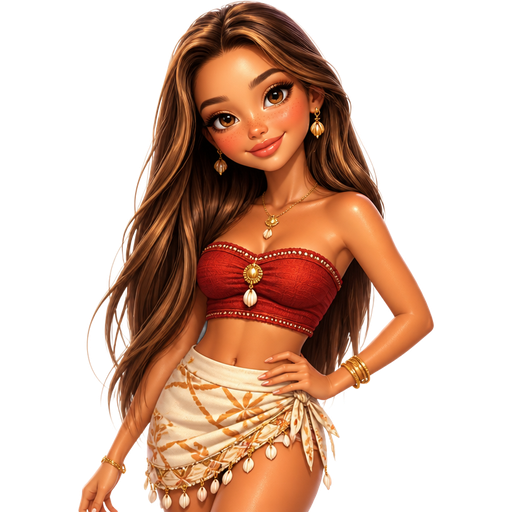 semi-realistic soft cartoon luxury glam, mini plush Bratz-doll aesthetic, cinematic glow, crisp clean detail, glossy glam skin. brown eyed Petite 5ft girl, fair skin with soft freckles, wide face with tall forehead, honey-brown almond wide-set upturned eyes, fluttery lashes, shimmer highlight, plush lips, bottom heavy lip, sweet Belle-princess vibe, long straight brunette hair with visible caramel highlights, wearing a warm red bandeau-inspired fitted top with textured trim, a cream wrap mini skirt with island-inspired pattern details and shell accents, gold jewelry, hair in long beachy waves, makeup with bronzed skin, peach-coral blush, warm shimmer lids, and a glossy rosy-nude lip, posing with strong sunshine energy and a bright pretty smile