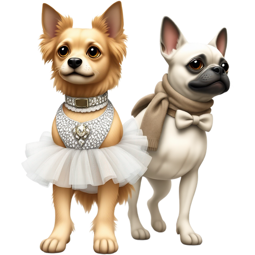 🐾✨ A stylish doggie fashion show! 🐕🦺 struts down the runway in a shimmering tutu and sparkly collar. 🦮 models a chic bowtie and elegant scarf. The audience roars as they waltz in twinkling heels! 🌟🐾👗🥿