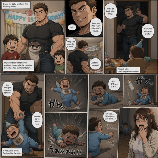 A DETAILED AND LIFELIKE LONG aNIME Comic Book story view of a Bulky but Muscular ANIME Cute Bara Man With Peach toned skin Who looks Normal aind round facial Structure and Basic facial structure With Puffy and Big Pecs that are visible through the shirt and Biceps and Bandaid on his nose and Brown short hair that makes them look tough. Wearing normal With his pet Grown and healthy realistic otter and 2 little brothers that are in different ages but young. At the baby brother‘s birthday party And the baby on his birthday was left home alone with no one at his party and it was a prank from him with no one around to show that the baby isn’t loved And so he picks the little baby brother up at his alone Party by the arm and the baby brother fly’s into to the floor and cries but is to weak and the baby brother sits there coughing and unable to the table and taken and weighted down on the floor by him. And tries to crawl to him but flies to the wall and a Bottle follows and that‘s it and left there and his mom cries seeing him like that when she finnaly gets home