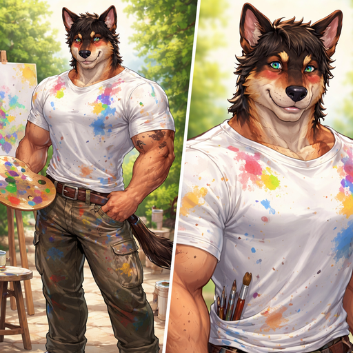 A Full Body and Facial Image of a Hunky and Chunky a Very Hot and Handsome German Shepard mixed with a Australian Shepard bara furry who is a Painter and Extremely muscular but not to muscular and Extremely Masculine and Handsome and Ginormous Arms and a Rounded Pecs very Short Strait Hair but tall and a little bit lean. Wearing all white Bagy T-Shirt with paint splatter all over him blushing
