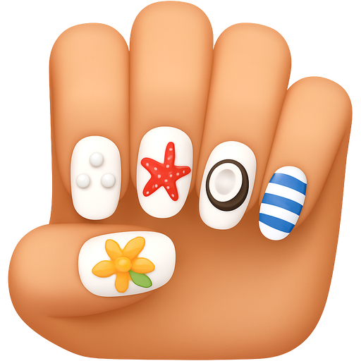On the thumb a white with 3d pearls on it on the pointer nail a white with a red star fish on it on the middle nail a white nail with a cut in half coconut and on the ring nail white with blue stripes and on the pink nail a beachy flower.