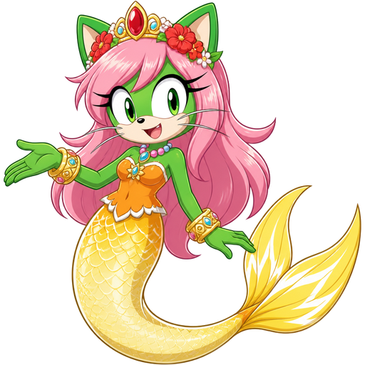 green cat with light pink hair red and flower light cyan crown pink and blue necklace golden and golden bracelets orange dress attached to long light yellow mermaid tail with white highlights with yellow tail fins with white highlights (sonic x anime)