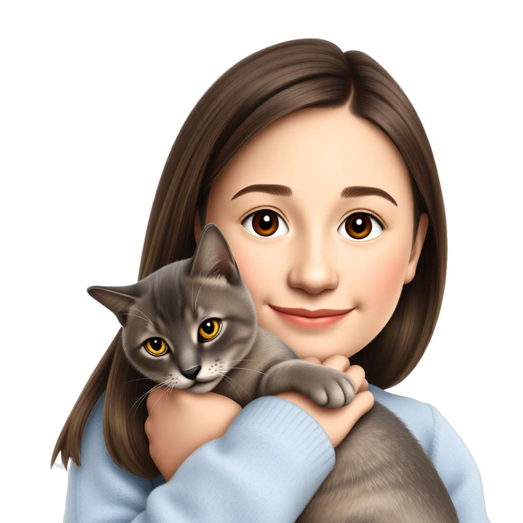 19 years old girl, holding a cat, waearing light-blue sweater, black arabian eyes, sand-tan skin, brown hair and a bit big nose