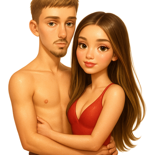 holding each other: tall slender young man: early-mid 20s look, face: oblong shape with long pointed chin, nose: straight with medium-width, cheeks: high, soft, slightly hollow, eyes: light green almond shaped, close-set, downturned, long lashes, brows: thin straight slightly angled brows, golden light skin tone, lips: slightly full, soft pink, facial hair: thick chin goatee, hair dirty-blonde ash brown, textured crop haircut, youthful masculine serious expression, soft abs shirtless with rose designed PSD brand boxers: luxury glossy bratz-anime romantic aesthetic, warm cinematic glow, crisp clean detail, glossy glam skin. petite girl, soft-autumn tone, fair skin, honey-brown almond eyes, soft freckles, round moderate bust, chubby upper arms, sweet Belle-princess vibe, long below bust length brunette honey balayage hair with visible honey blonde highlights, deep V-line red spandex high-cut bodysuit, hair: sleek glossy straight, makeup: red shimmer pop, pop-princess energy, shimmer highlight, sparkly glow