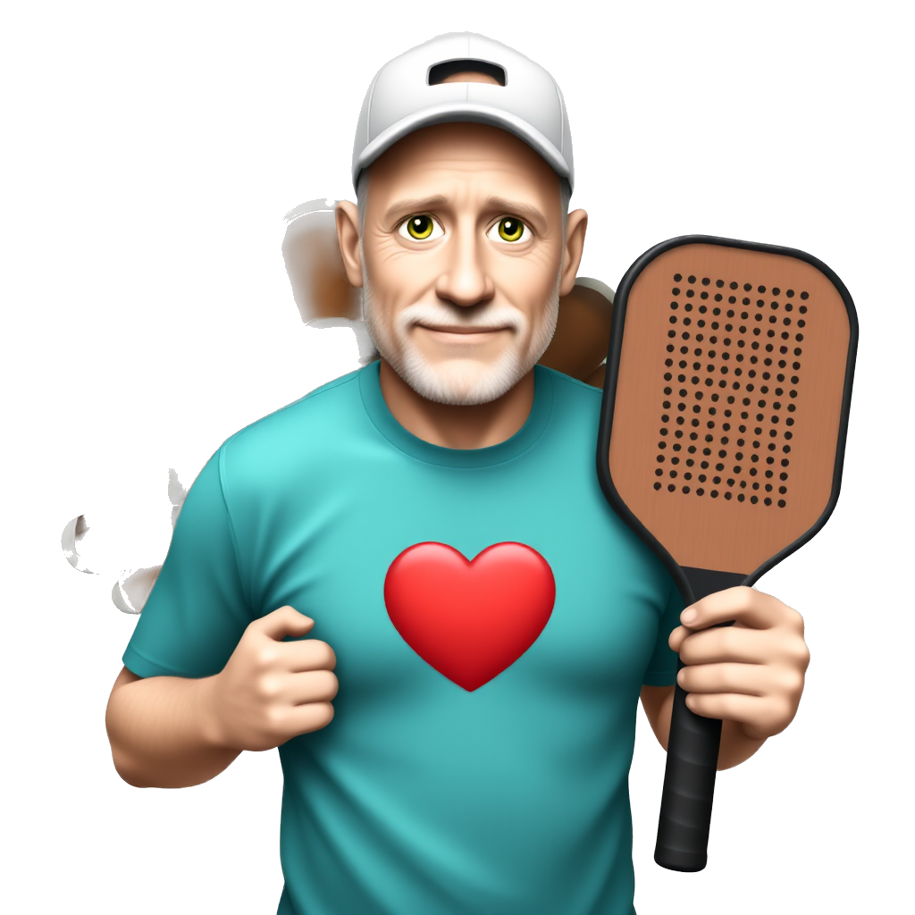 A balding, green eyed pickleball player with a short stubbly white beard, wearing a ball cap, with a turkey under one arm, a valentine heart on his chest, and a pickleball paddle in the other hand