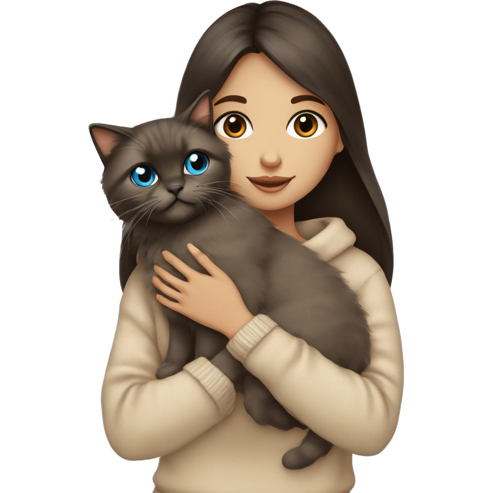 A black eyed Girl with dark brown long hair wearing a cozy beige sweater holding a blue eyed Siberian cat in her arms