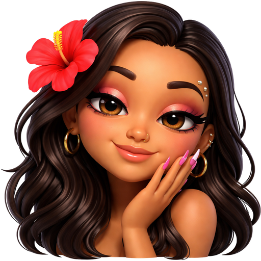 Female Hawaiian emoji light brown, black medium wavy hair, piercings (nose, ears, brow), long nails, eyelashes arched brows pink shades slightly down, smirk