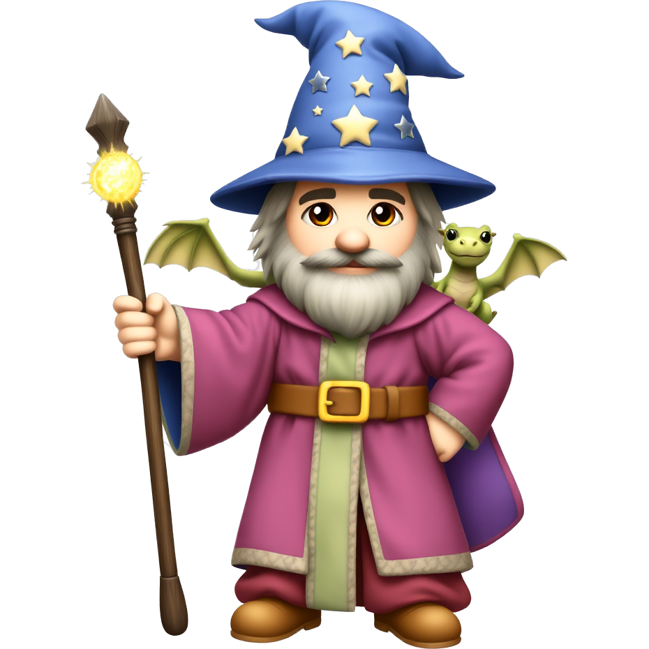 A whimsical character wearing a colorful wizard robe stands proudly, clutching a sparkling staff instead of a rifle. His pointy hat is adorned with shimmering stars and moons, and his magical familiar, a small dragon, rests on his shoulder, ready for an adventure.