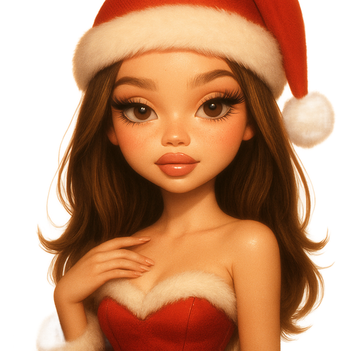 soft airbrushed glam, mini plush Bratz-doll aesthetic, cinematic glow, crisp clean detail, glossy soft skin. brown eyed skinny Petite girl, fair skin with soft freckles, wide face with tall forehead, honey-brown almond wide-set upturned eyes, fluttery lashes, shimmer highlight, plush lips, bottom heavy lip, sweet Belle-princess vibe, medium-long brunette hair with visible caramel highlights. softly defined feminine body, soft hourglass shape with full round bust, dressed in detailed sleek red glam outfit with fur trim. hair with side part, straight soft layers with flipped ends. sleek almond nails. peachy-pink blush with shimmer highlight, glossy lips. wearing santa hat. Cozy romantic glow, soft warm lighting, pop-princess energy