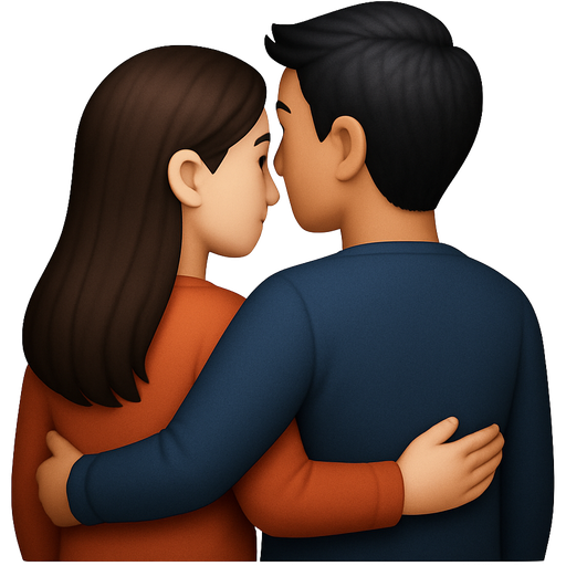 They are looking away from us looking the same direction Better More detailed two emoji people hugging from the side romantic dark Asian man brunette paler girl we see their backs more good hair on the Asian
