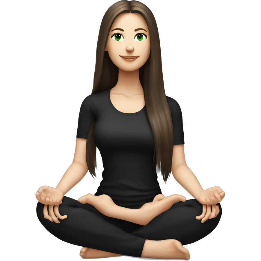 pretty white girl with dark brown long straight amazing hair and green eyes sitting in yoga pose with black outfit (short sleeve t-shirt)