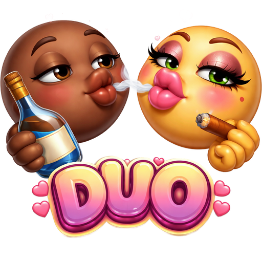 Two emoji kiss time little heart touching emoji’s lips both of them one holding big glass bottle other other emoji holding lit cigar in hand both blowing light smoke from their mouth one darker brown, this emoji dark brown, brown eyes has no make up turning with puckered lips to kiss other emoji's big puckered plump juicy lips with pink glossy lips this emoji color tan is slightly turned towards first emoji green eyes add fake longer eye lashes, add light pink blush puckered lips alot of makeup on this emoji add word DUO touching both emoji’s chin
