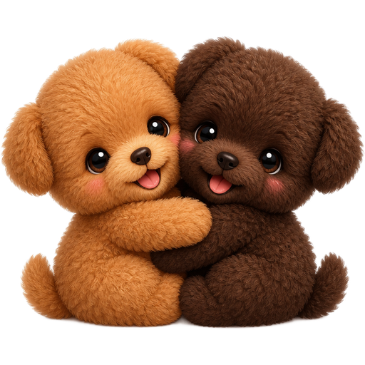 Make two cute adorable small puppies hugging each other their fur is like teddy bear but more cuter make one of them bright brown, and the other dark brown