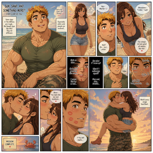 A Full page Anime Comic book story about of a Bulky and less shredded or muscular ANIME Cute Bara Man American 20 year old with a ROUND and BASIC facial structure and Young Adult BARA CUTE that is Peach Toned skin not anything else MALE not to detailed With bigger than average Pecs that are visible through the shirt and Biceps and a big Bandaid on his nose and Left Cheek and Right Eye brow with Scars all over his Chest and arms. Wearing a Tight Military Green Top that is tight around the waist and Baggy Camo Cargo pants drenched in sweat and Short and yellowish orange Hair and Bright Gold Hair Tips and Strait with brown eyes and black eyebrows with a Three finger Slash on his Eyebrow. With no Facial Hair. Sitting down at the beach looking up And Balances Baby Crabs on his head and Licking his lips and and makes his crush who is walking over to him blush but she flirts with him and he wants to kiss but can’t cause he will get scared he’ll embarrass himself he calms himself down. Kisses him and He gets kiss marks on his face. He stands up and is a foot taller so he picks her up and kisses her