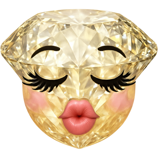 Kissing emoji but replace with a gold shining clarity diamond add fake eyelashes, light, pink blush, kiss your lips, light pink