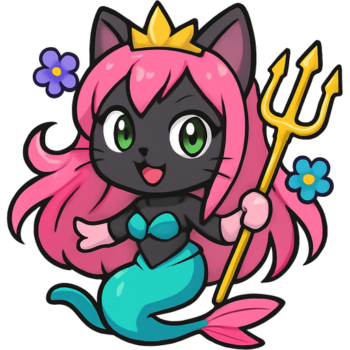 black cat smiling pink long hair golden crown purple and blue flowers green eyes light pink gloves very long cyan mermaid tail with pink fins swimsuit cyan holding a golden trident sonic x style fan character emoji, expressive cute style