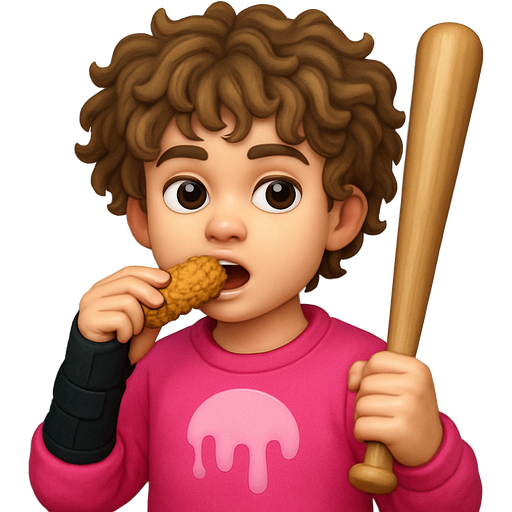 make me a young pale boy with a black wrist brace on his left and and with curly mop hair that’s light and dark brown while eating chicken tenders and playing baseball and make him have a mop stick and wearing a hot pink ice cream drip sweatshirt
