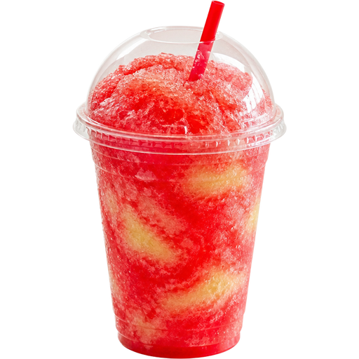 Watermelon Lemonade Shaved Ice Slushie in a Plastic Cup and Plastic Dome Lid with a Straw Mixed in with Extra Syrup