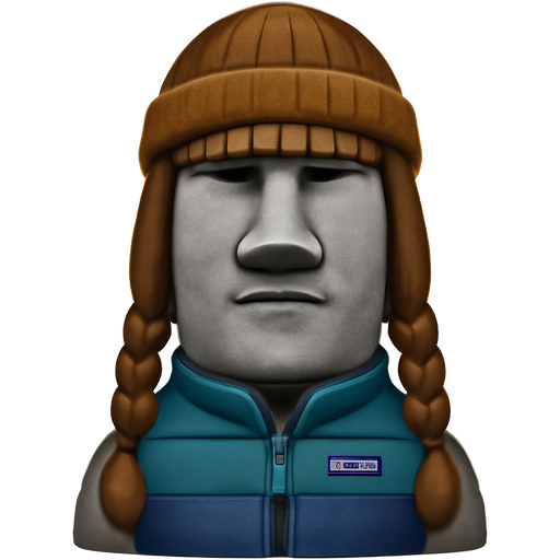 official Apple Moai grey stone statue wearing a Patagonia vest and beanie with bangs, and long brown braided hair