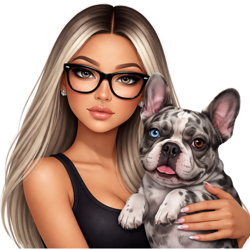 40 year old latina baddie with slim face and lips not too full and a slight bumpy nose round face cheek bones with dark freckles across her nose and almond shaped LIGHT GRAY colored eyes lashes with fair skin with dark freckles across nose with shiny earring stud in her nose and very long straight icy blonde hair and dark roots parted in the middle and wearing large black glasses wearing a black tank top with a serious face and light pink color nails and holding a gray merle french bulldog that has one blue and one brown eye