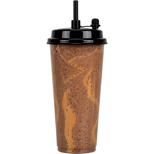 PB Rockstar Smoothie with a 32oz PP Injection Cup and a Premium Plastic PP Black Lid with an Attached Stopper including a Straw on Top of It Infused with Yogurt Blended with Peanut Butter, Cocoa Milk and Chia Seeds and It’s Chocolate With a Few Peanut Butter Streaks Throughout It