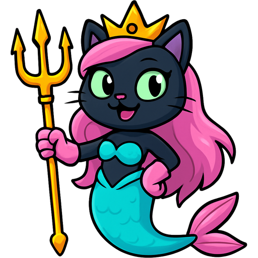 black cat smiling pink long hair golden crown purple green eyes light pink gloves very long cyan mermaid tail with pink fins swimsuit cyan holding a golden trident sonic x version