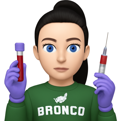 Woman with a thin nose ring, white skin, black hair pulled straight back into a top ponytail, pale blue eyes, thin high arched eyebrows, wearing a green ford bronco sweatshirt, light purple gloves, holding a purple top vial of blood and a syringe